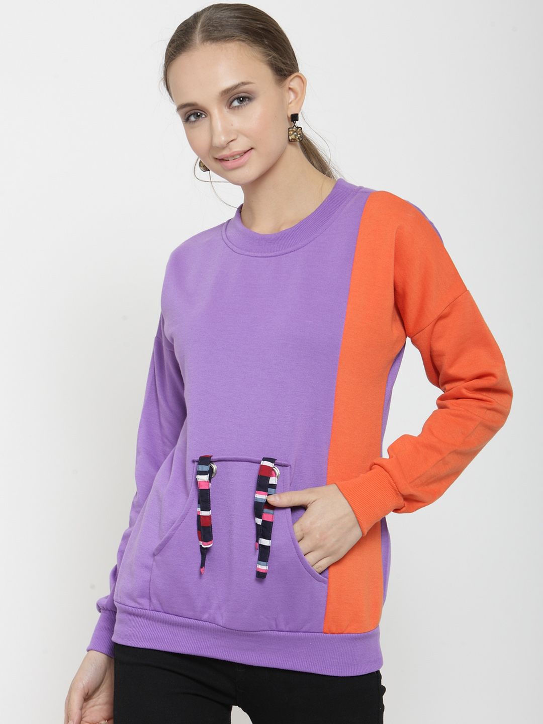 Belle Fille Women Purple & Orange Colourblocked Sweatshirt Price in India