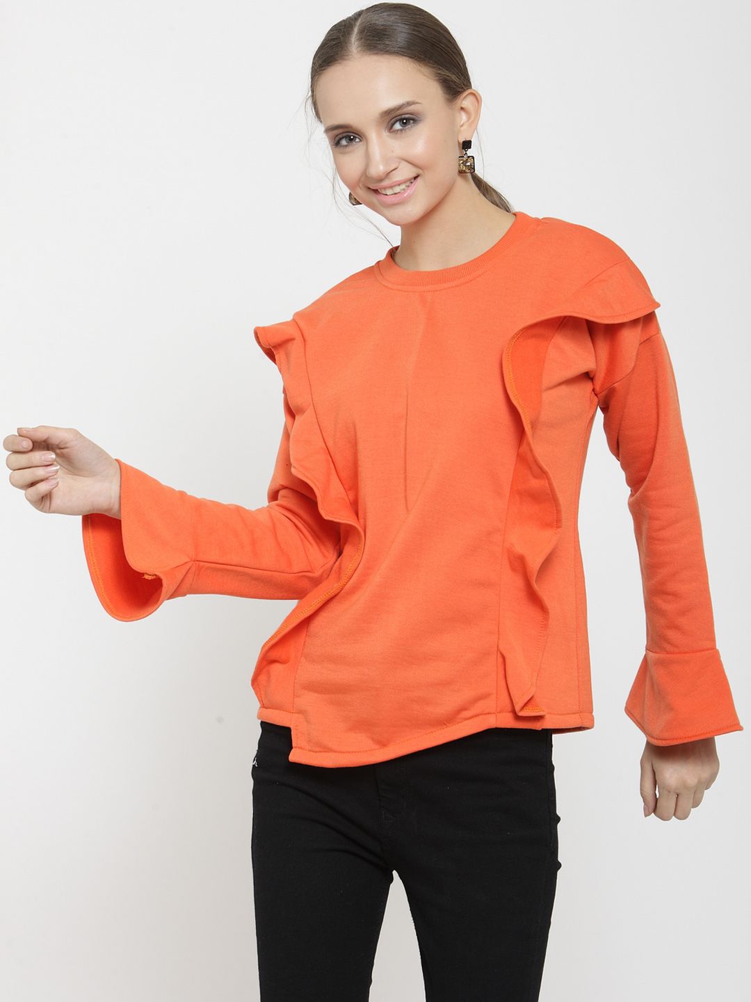 Belle Fille Women Orange Solid Sweatshirt Price in India