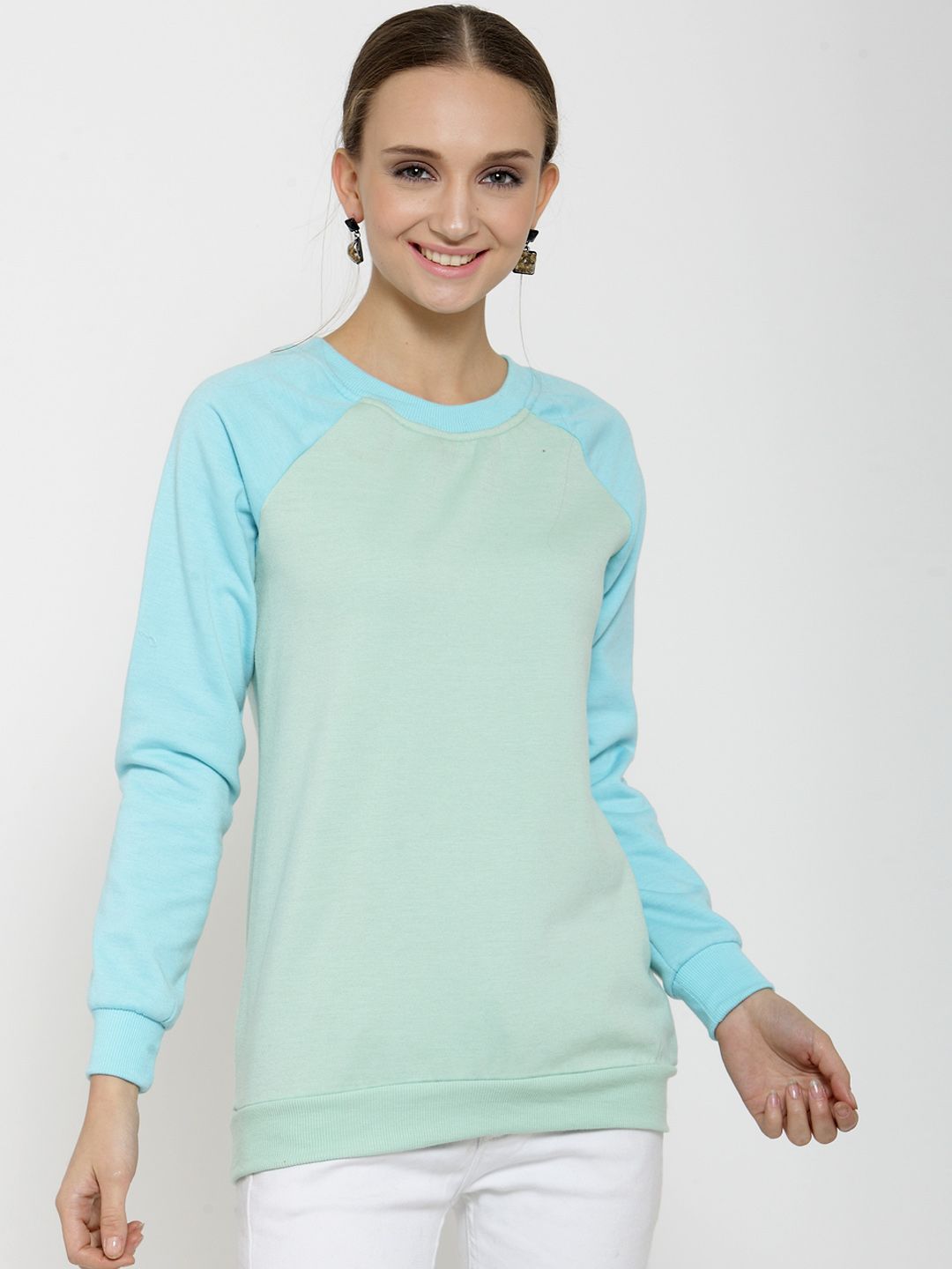Belle Fille Women Sea Green & Turquoise Blue Colourblocked Sweatshirt Price in India