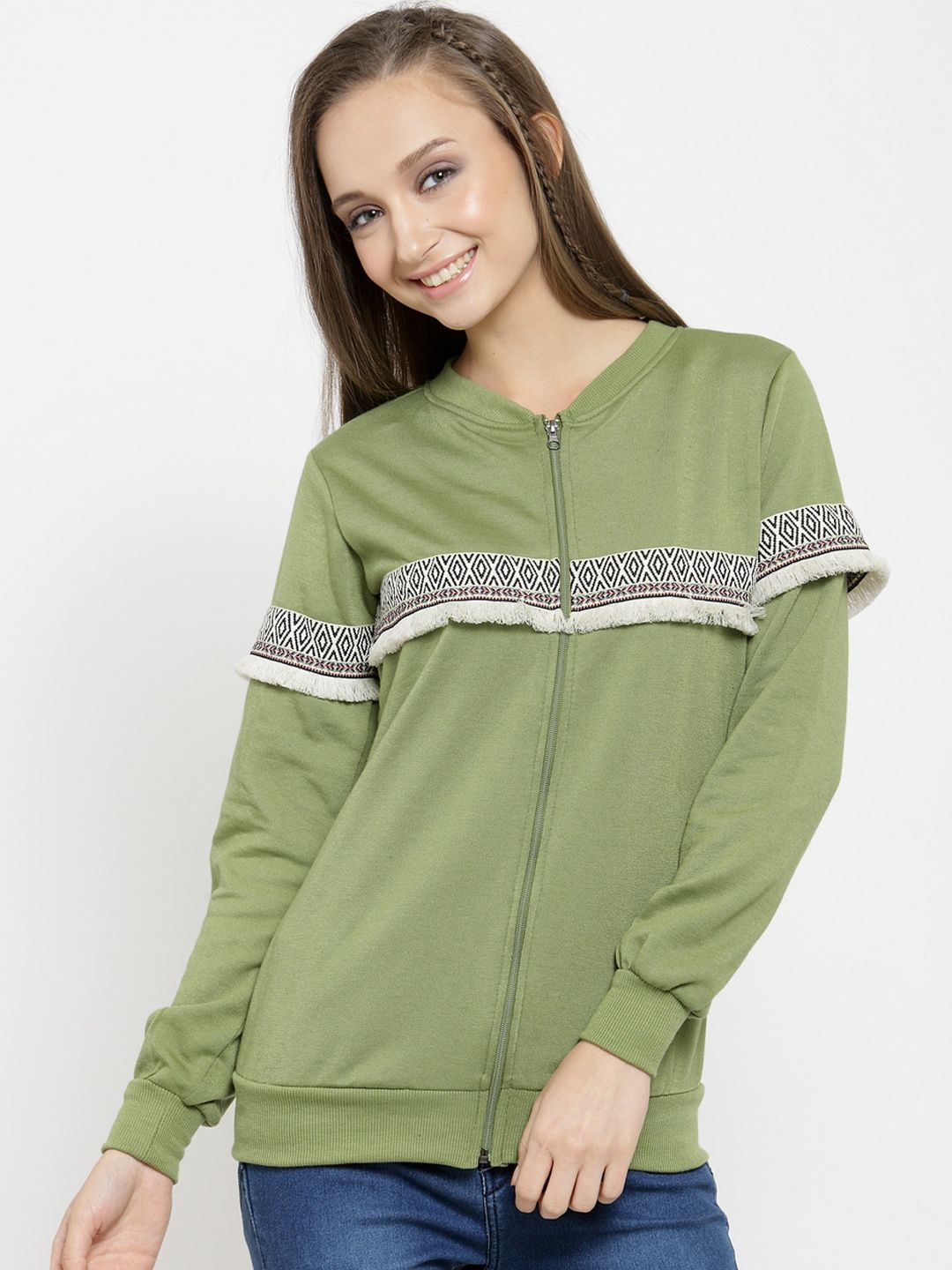 Belle Fille Women Olive Green Printed Sweatshirt Price in India