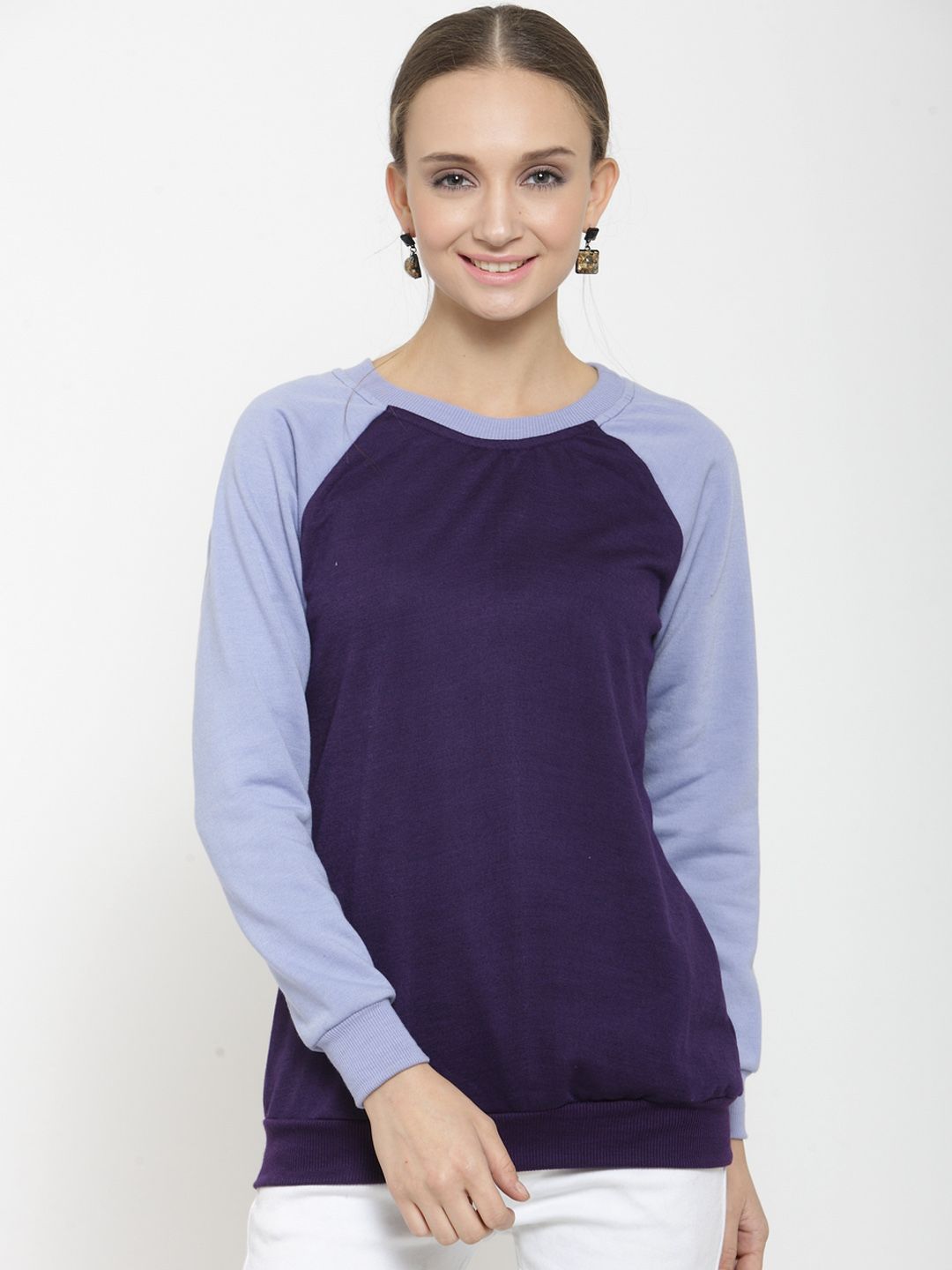Belle Fille Women Purple & Blue Colourblocked Sweatshirt Price in India