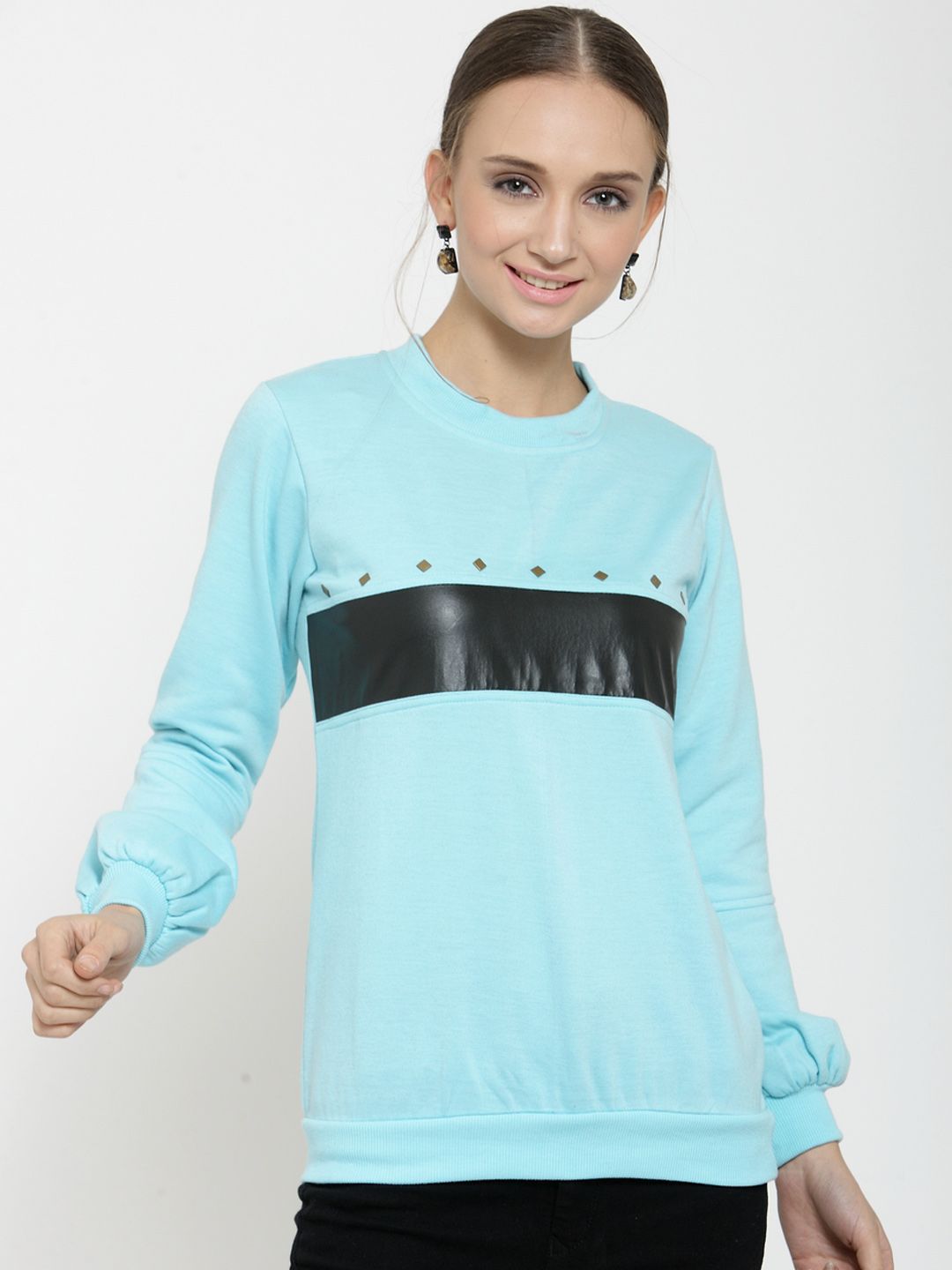 Belle Fille Women Turquoise Blue Solid Sweatshirt Price in India