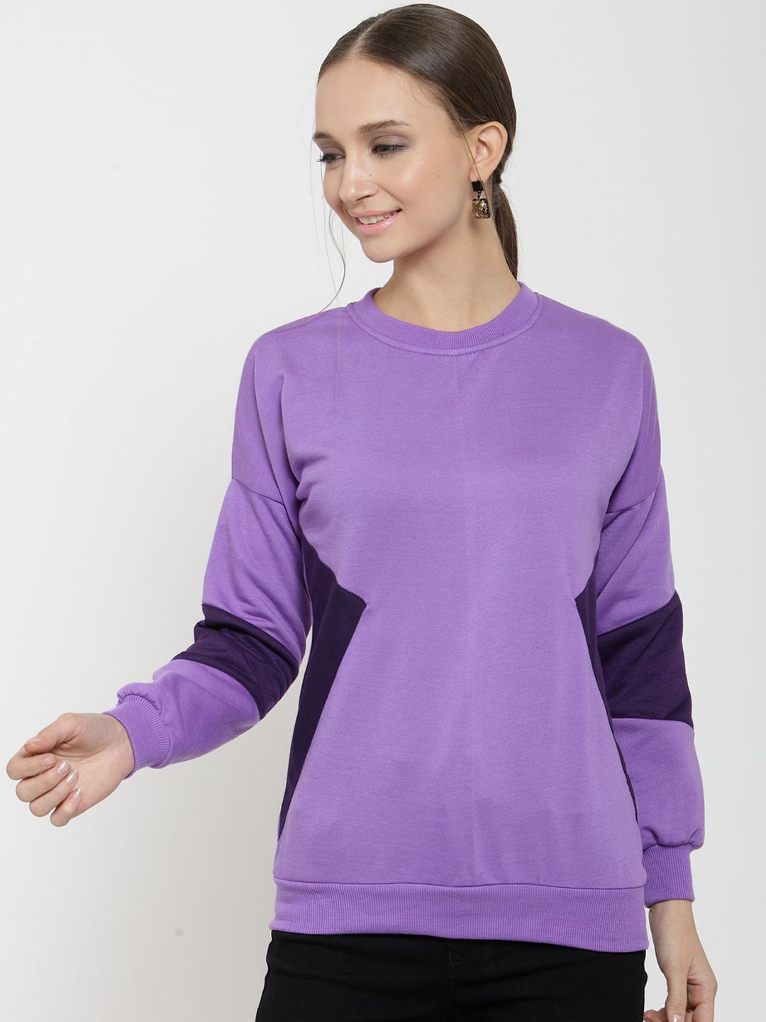 Belle Fille Women Lavender & Purple Colourblocked Sweatshirt Price in India