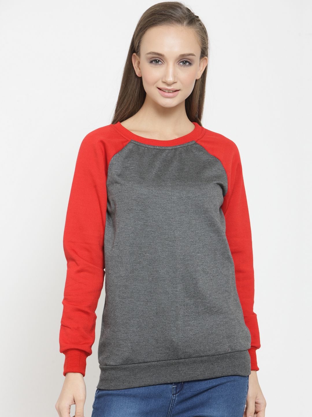 Belle Fille Women Grey & Red Colourblocked Sweatshirt Price in India