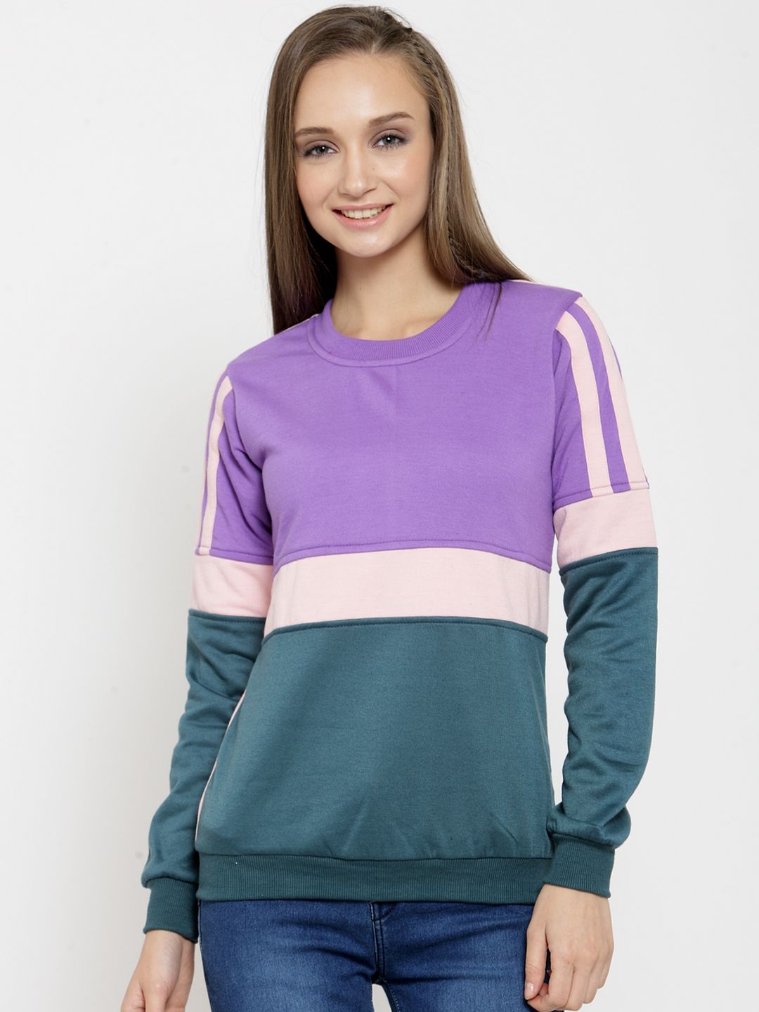 Belle Fille Women Purple & Teal Colourblocked Sweatshirt Price in India