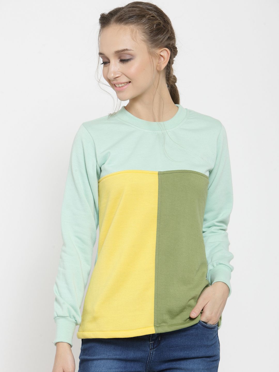 Belle Fille Women Green & Yellow Colourblocked Sweatshirt Price in India