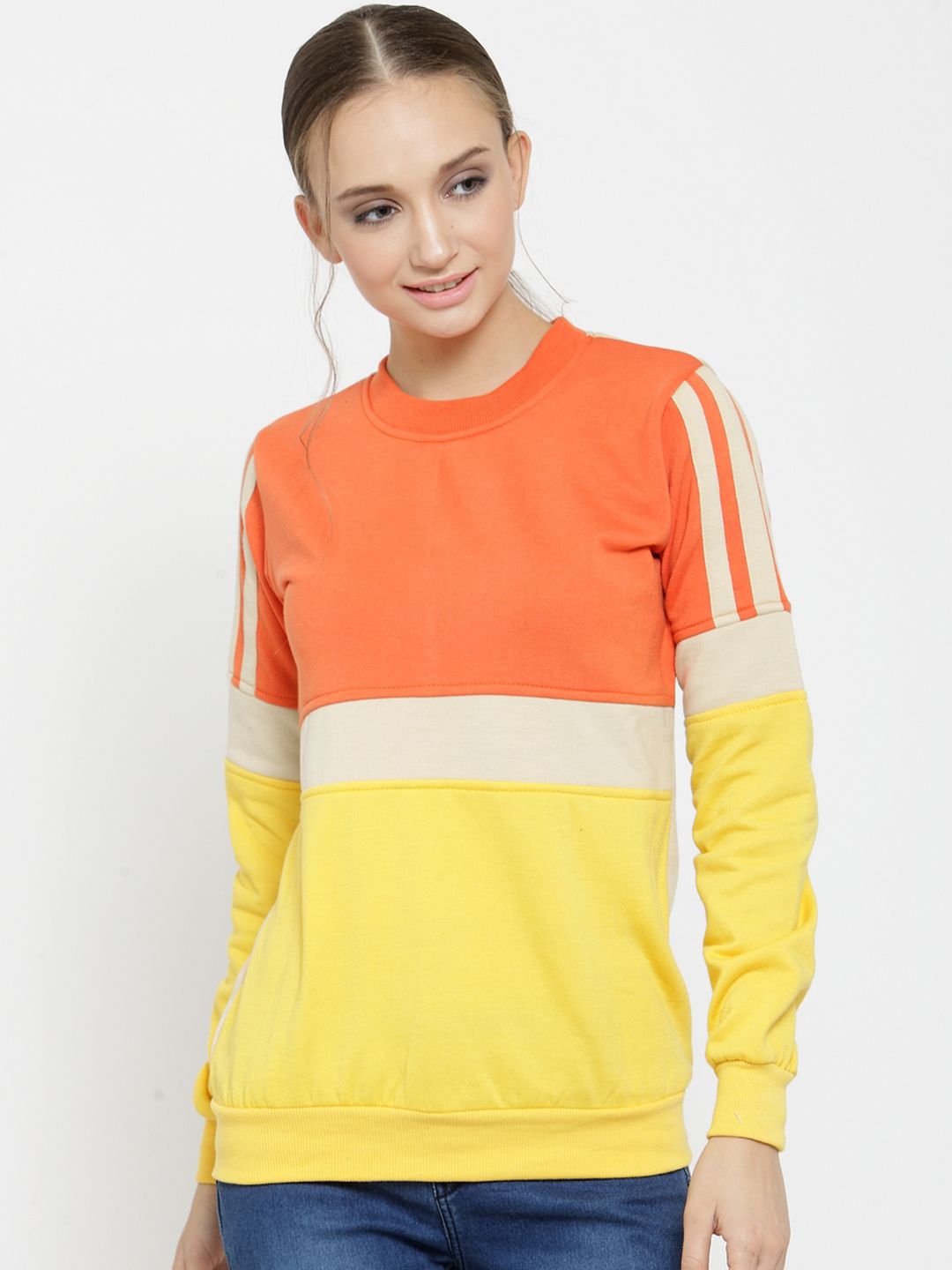 Belle Fille Women Orange & Yellow Colourblocked Sweatshirt Price in India