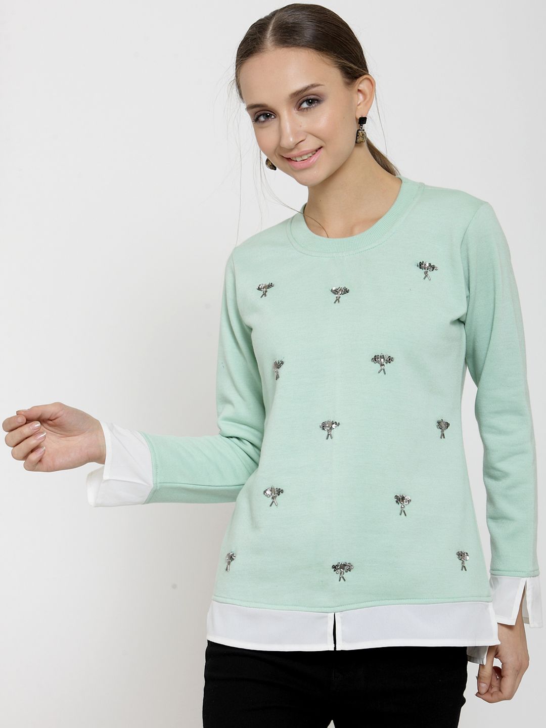 Belle Fille Women Sea Green Solid Sweatshirt Price in India