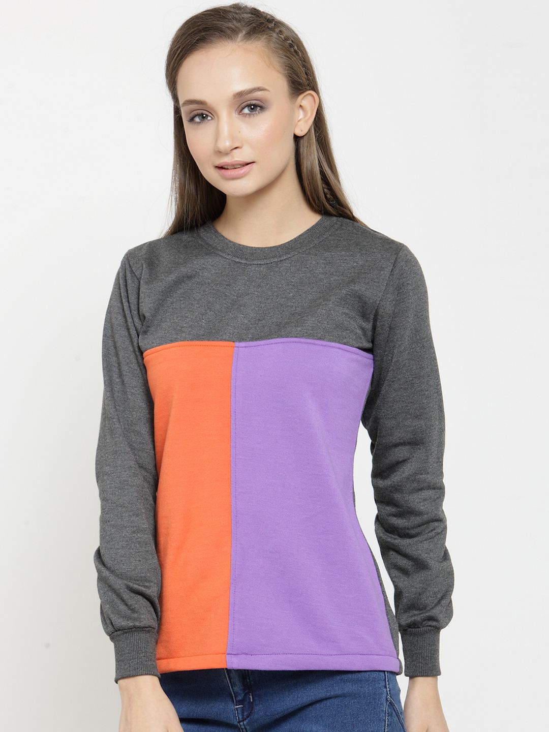 Belle Fille Women Grey & Orange Colourblocked Sweatshirt Price in India