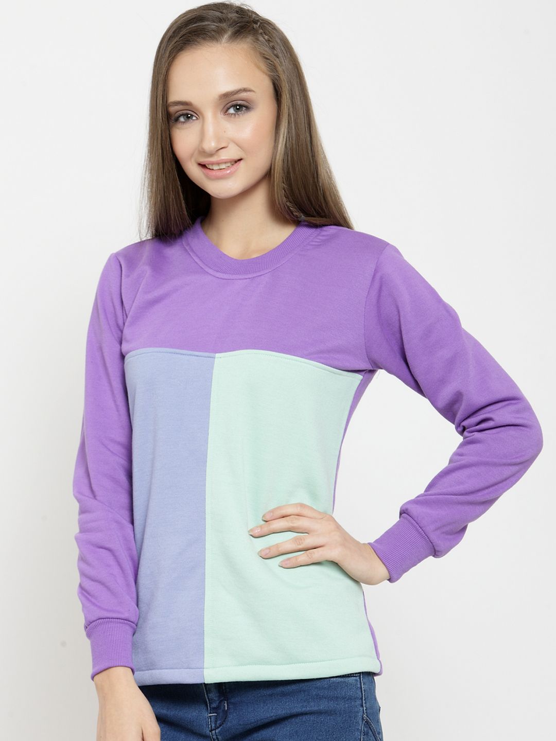 Belle Fille Women Purple & Blue Colourblocked Sweatshirt Price in India