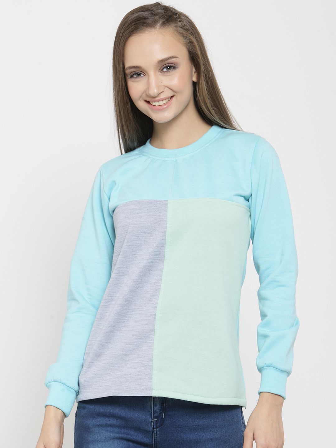 Belle Fille Women Turquoise Blue & Grey Melange Colourblocked Sweatshirt Price in India