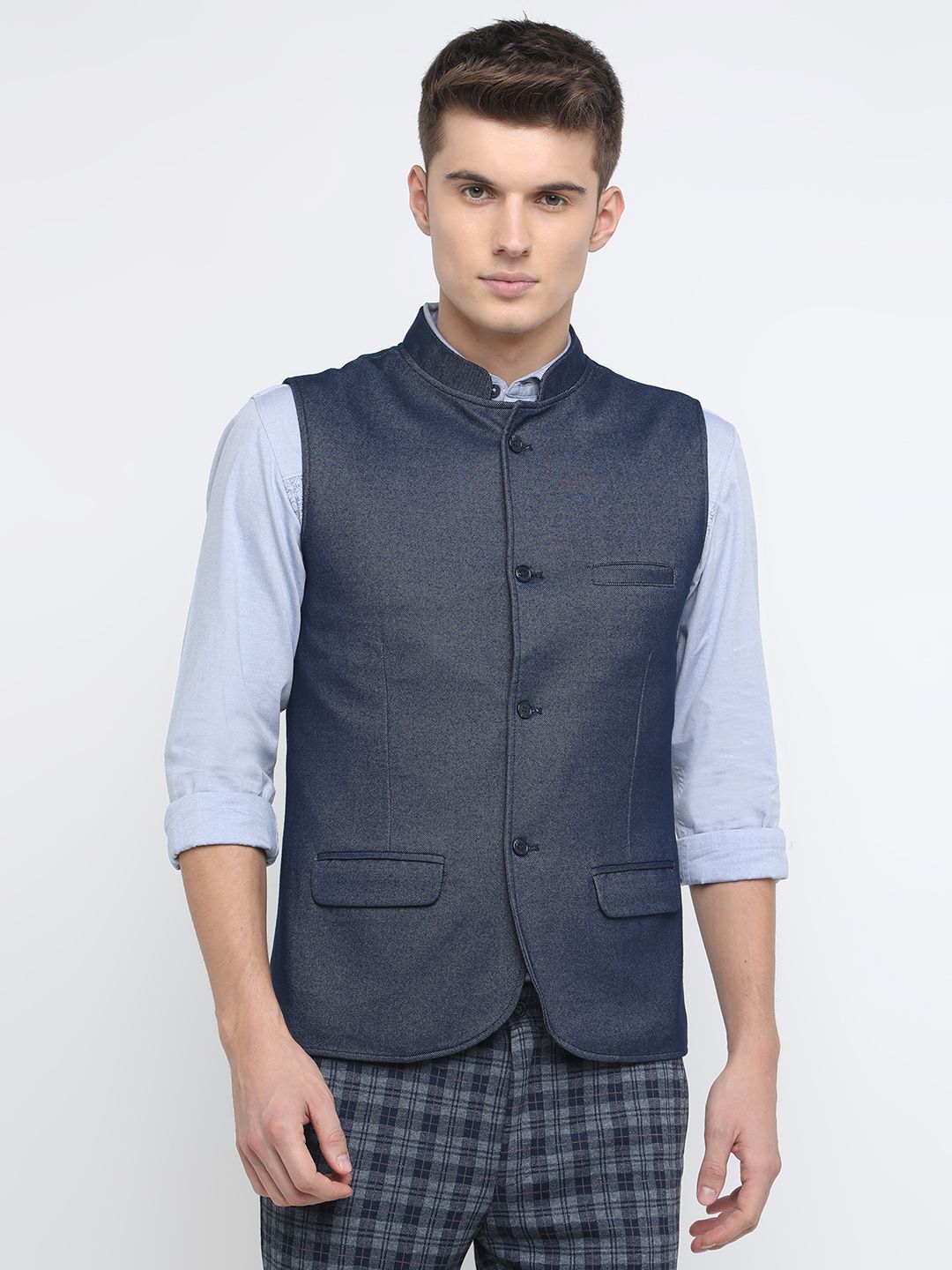 Basics Men Navy Blue Solid Nehru Jacket