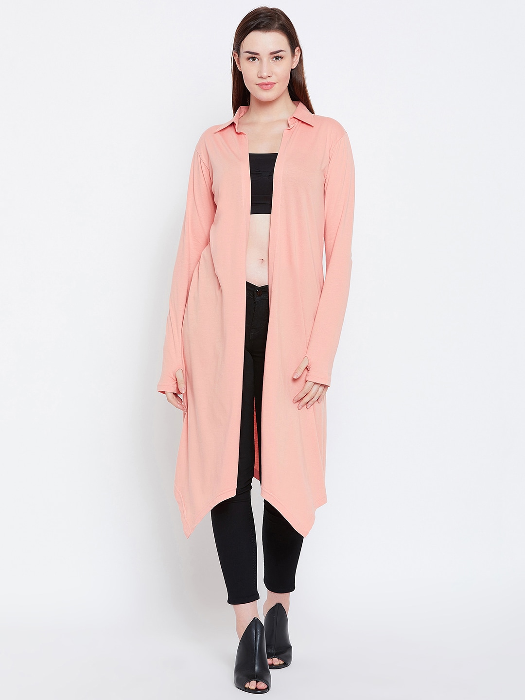Hypernation Peach-Coloured Solid Open Front Longline Shrug Price in India