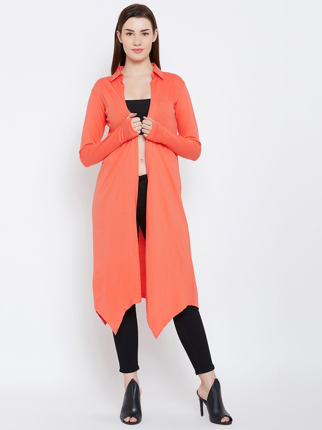 Hypernation Orange Solid Open Front Shrug Price in India