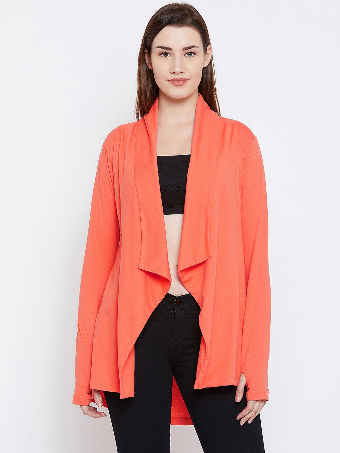 Hypernation Coral Solid Open Front Shrug Price in India