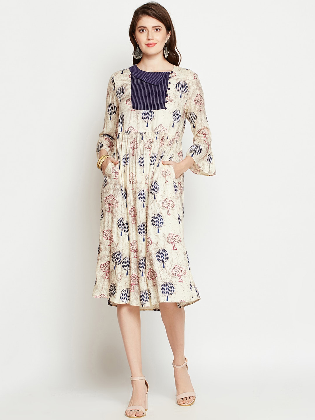 RARE ROOTS Women Beige Printed Fit and Flare Dress Price in India