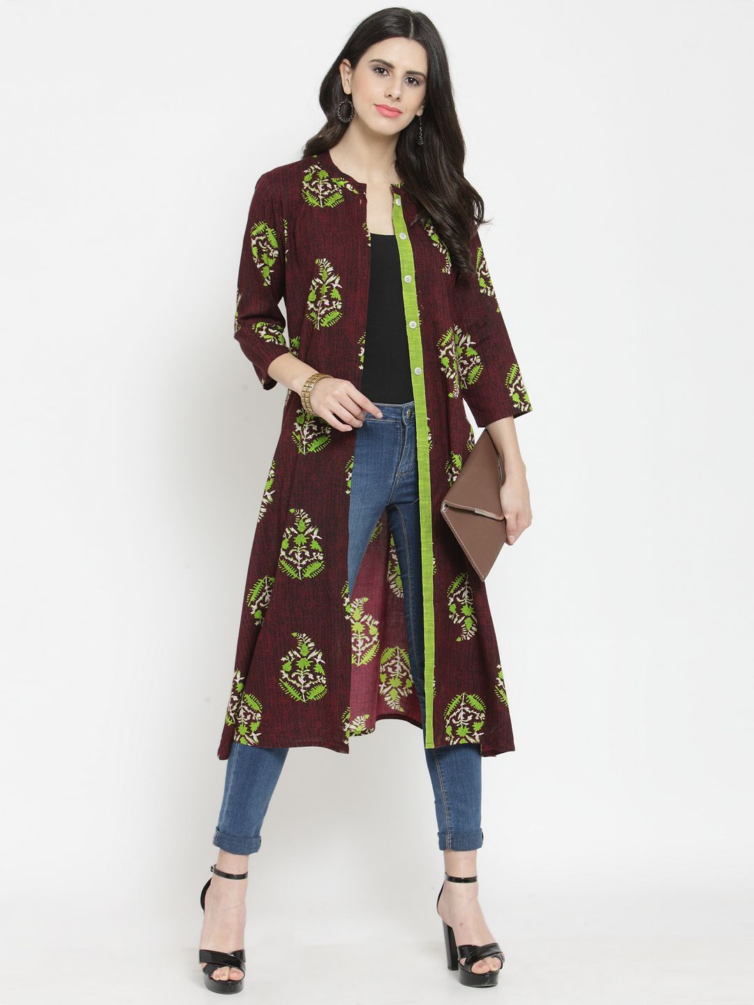 Indibelle Women Burgundy & Lime Green Printed Longline Shrug Price in India