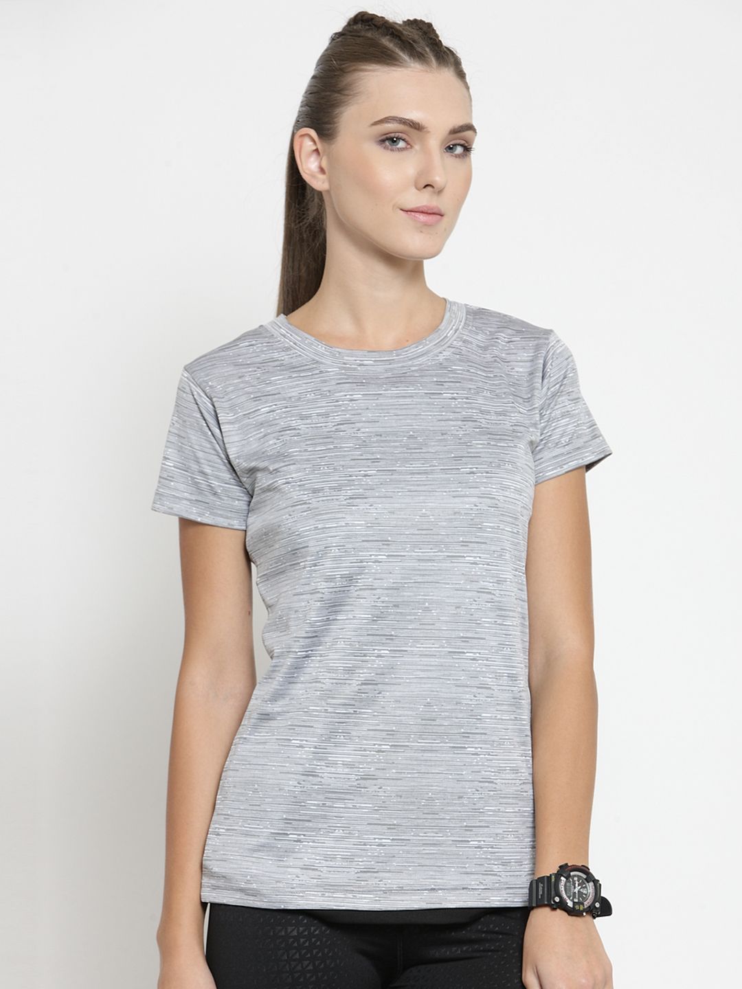 Boston Club Women Grey Printed Slim Fit T-shirt Price in India