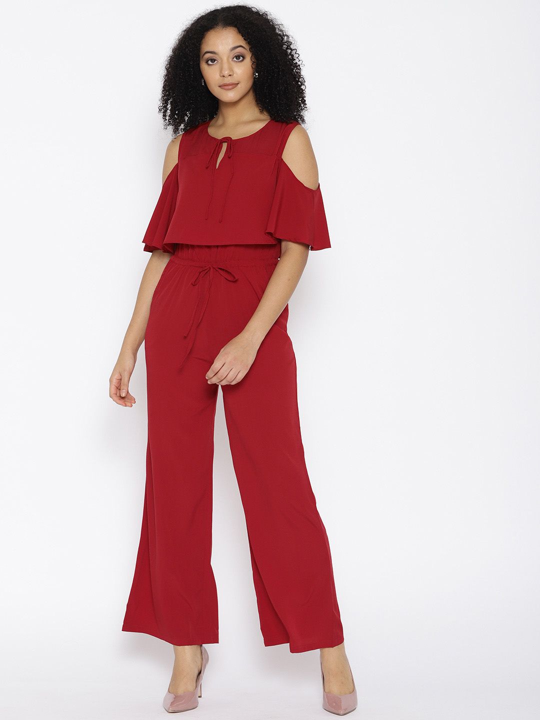 Cottinfab Maroon Layered Cold-Shoulder Jumpsuit Price in India