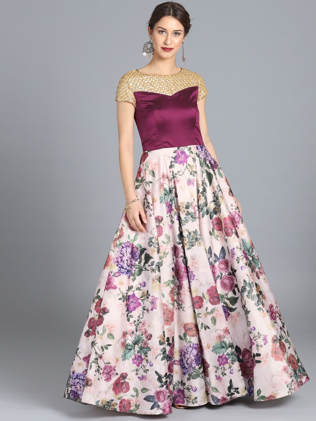 EthnoVogue Women Off-White & Purple Made to Measure Printed Cocktail Gown Price in India