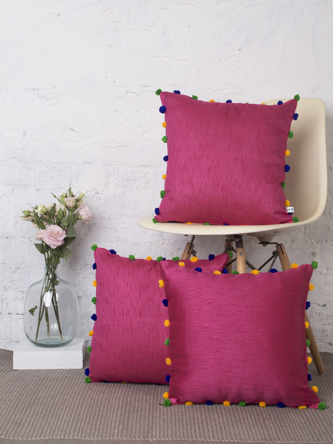 RANGDESI Magenta Set of 3 Solid Square Cushion Covers Price in India