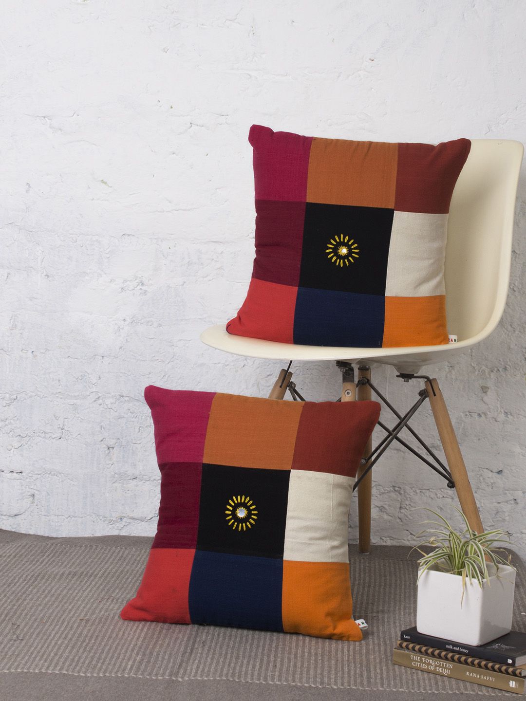 RANGDESI Multicoloured Set of 2 Geometric Square Cushion Covers Price in India