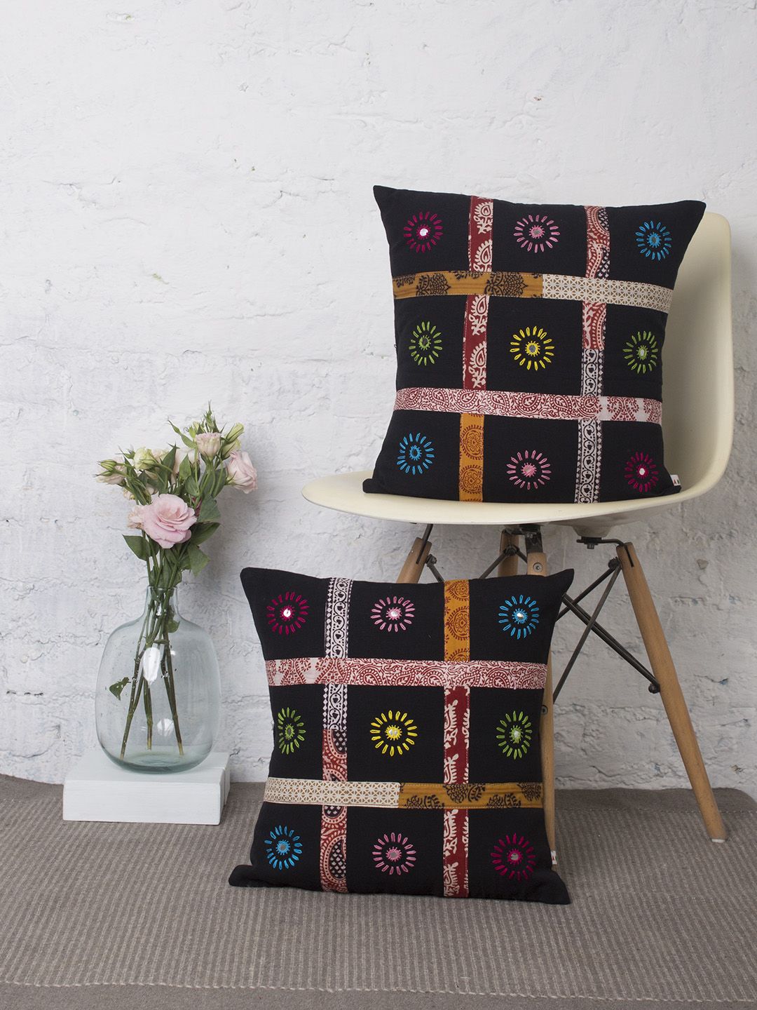 RANGDESI Black Set of 2 Ethnic Motifs Square Cushion Covers Price in India