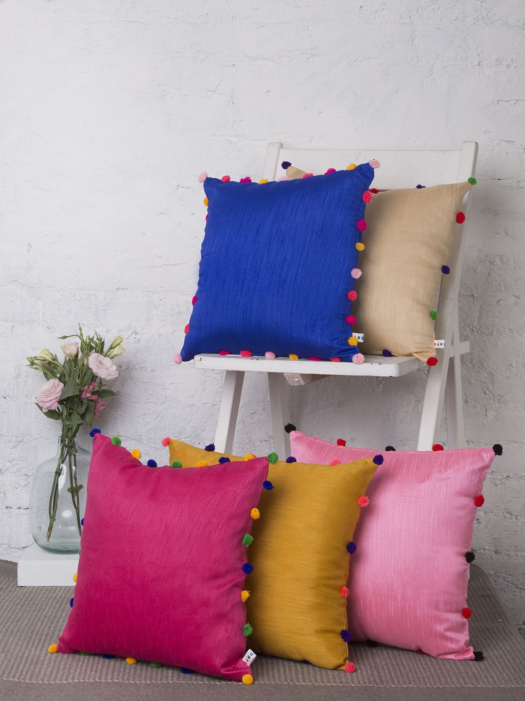 RANGDESI Multicoloured Set of 5 Solid Square Cushion Covers Price in India