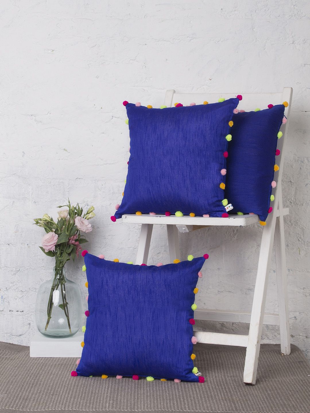 RANGDESI Blue Set of 3 Solid Square Cushion Covers Price in India