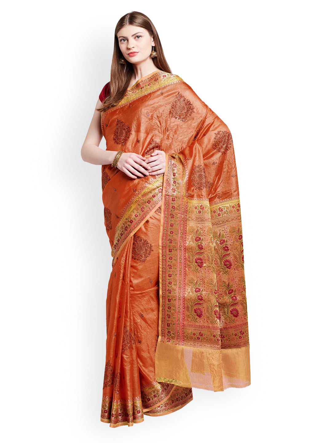 Chhabra 555 Rust Art Silk Embroidered Banarasi Saree Price in India