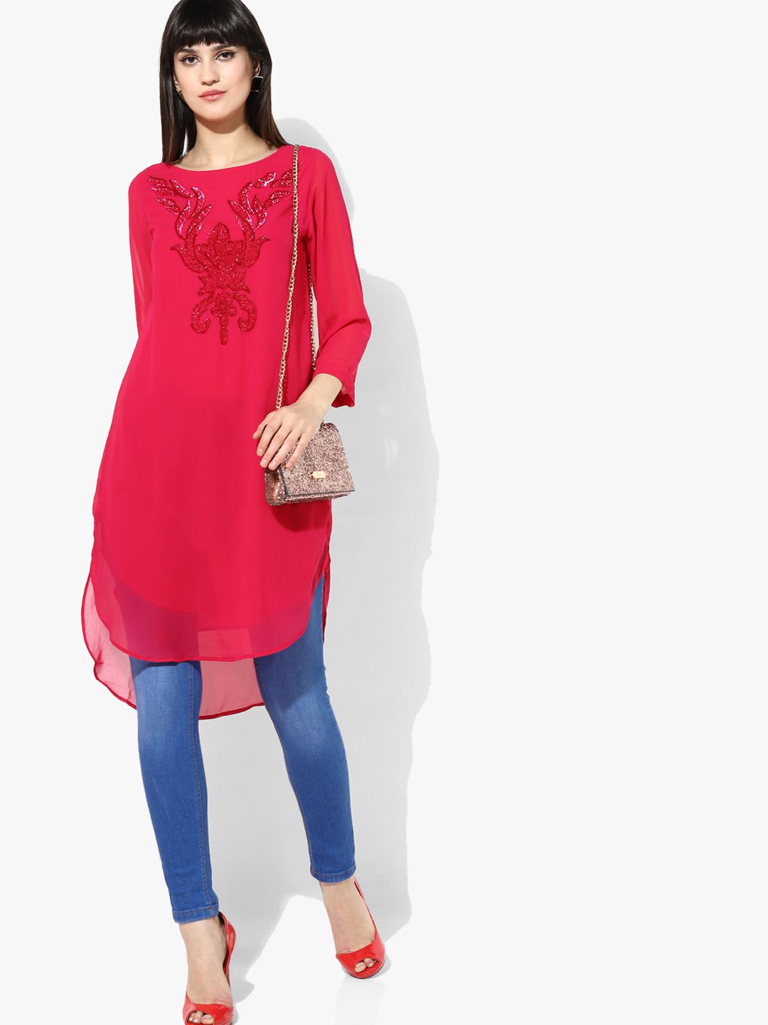 Antheaa Fuchsia Pink Self Design Tunic Price in India