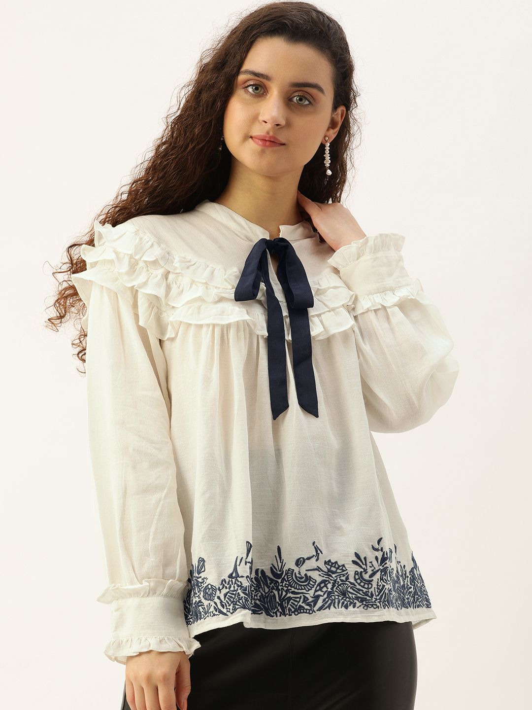 Antheaa Women White Solid Top With Embroidered & Ruffle Detail Price in India