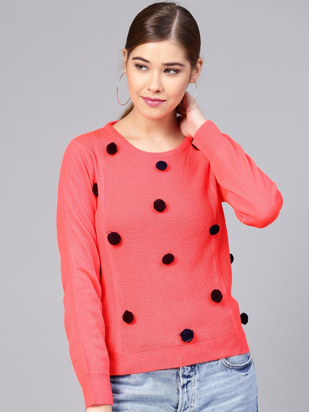 STREET 9 Women Coral Pink Pom-Pom Detail Self Design Pullover Price in India