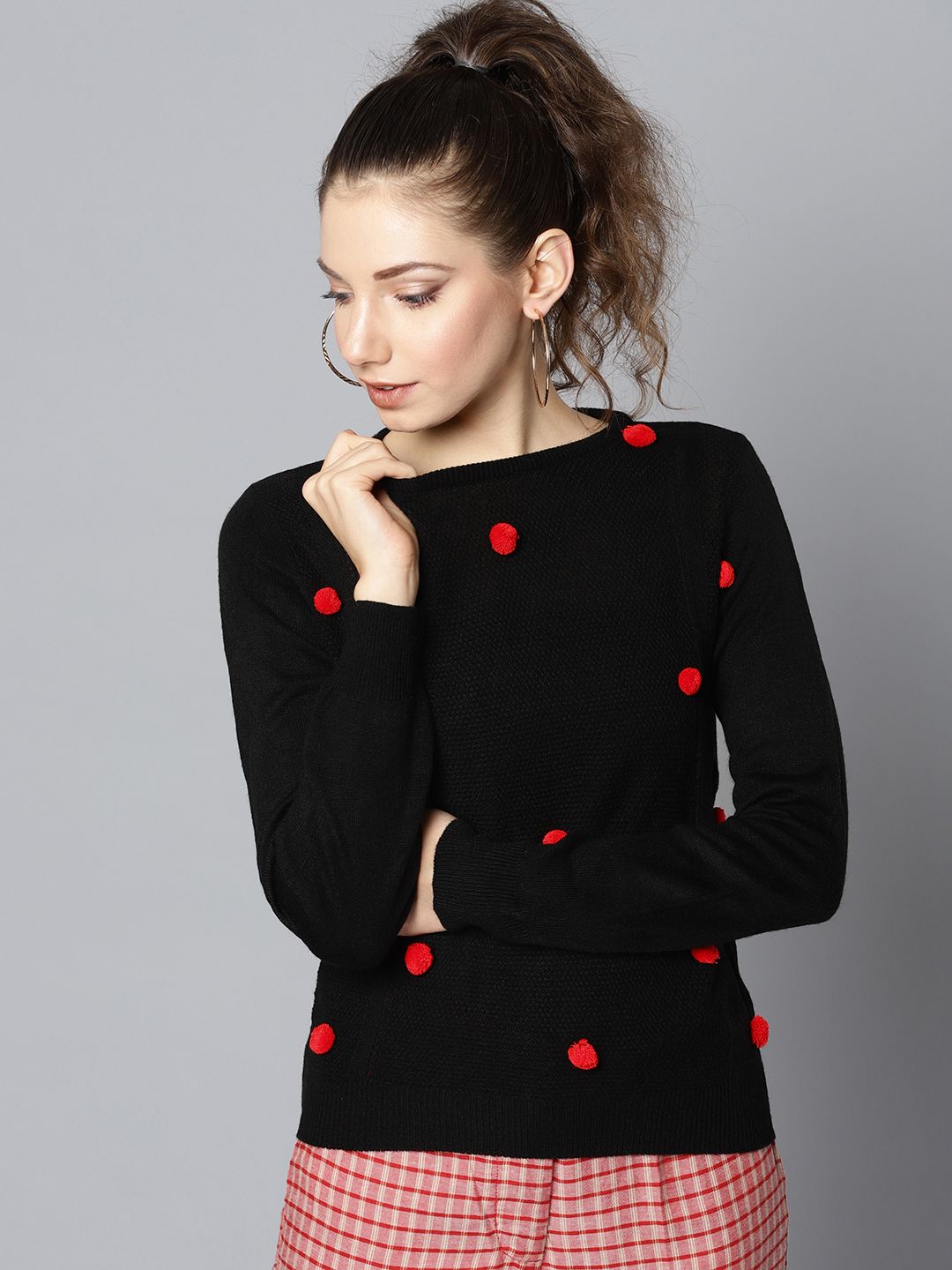 STREET 9 Women Black & Red Solid Sweater Price in India