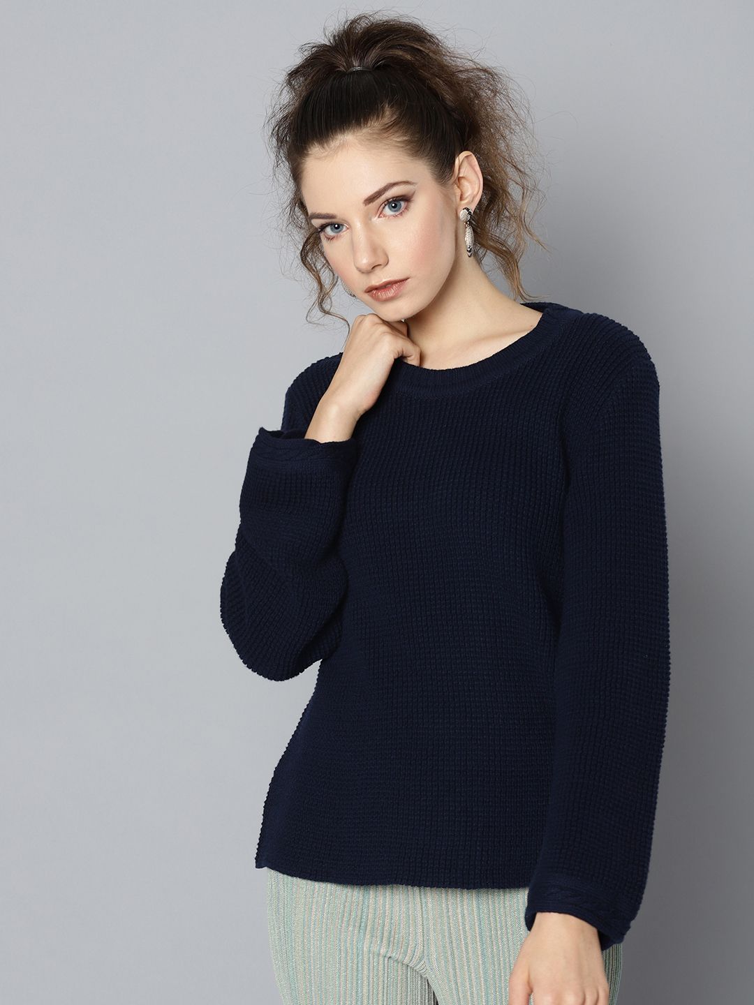 STREET 9 Women Navy Blue Solid Sweater Price in India