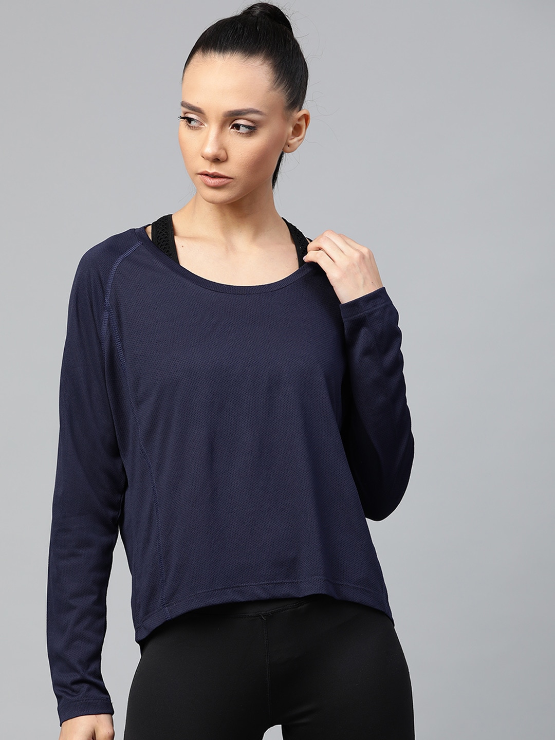 Alcis Women Navy Blue Solid Round Neck T-shirt Price in India