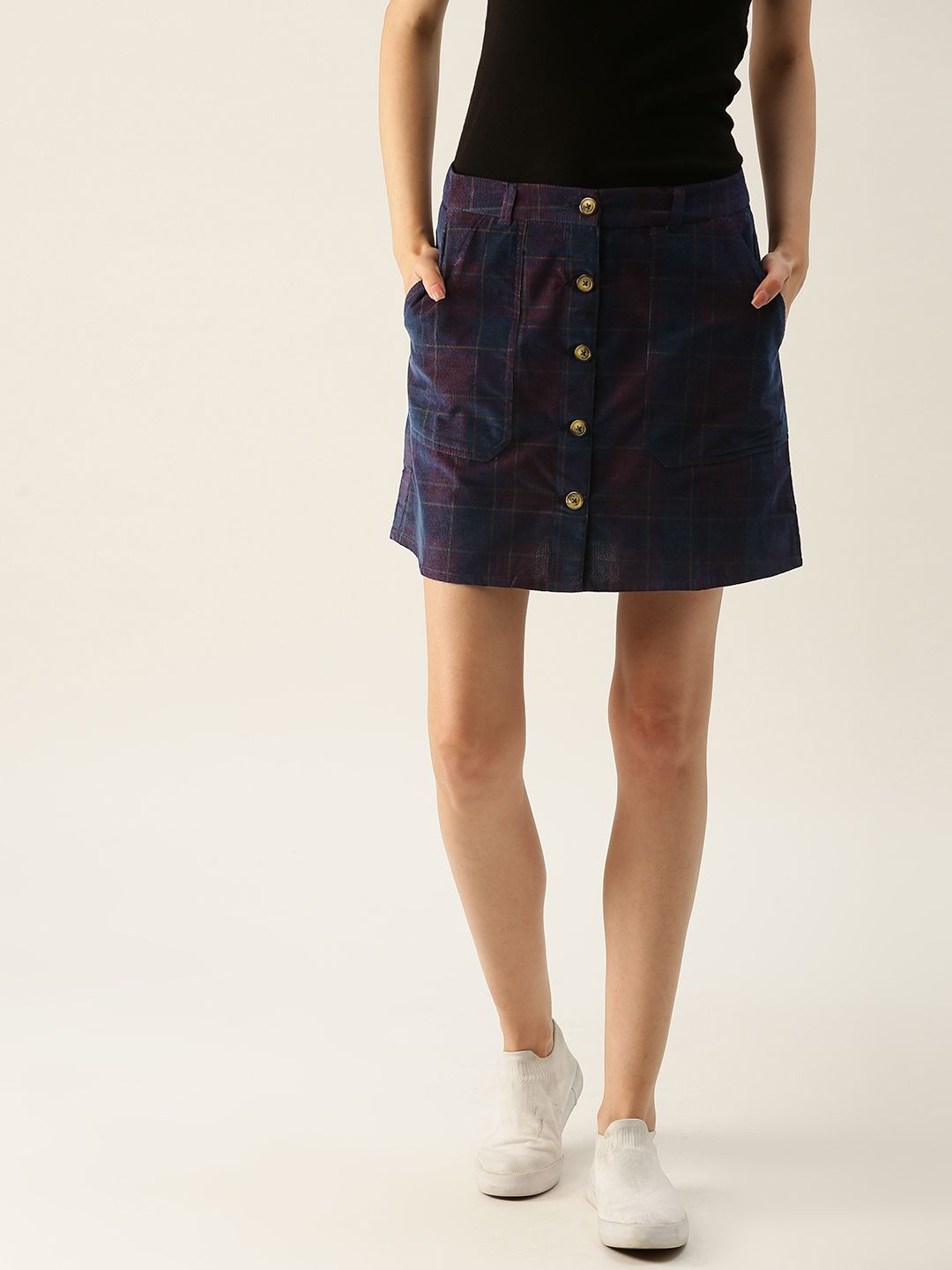 United Colors of Benetton Women Blue & Maroon Checked Mini Pure Cotton Skirt
