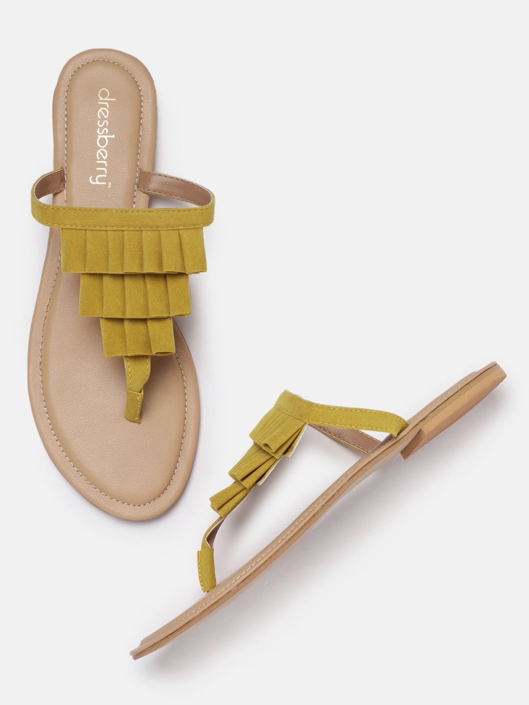 DressBerry Women Mustard Solid Synthetic T-Strap Flats Price in India