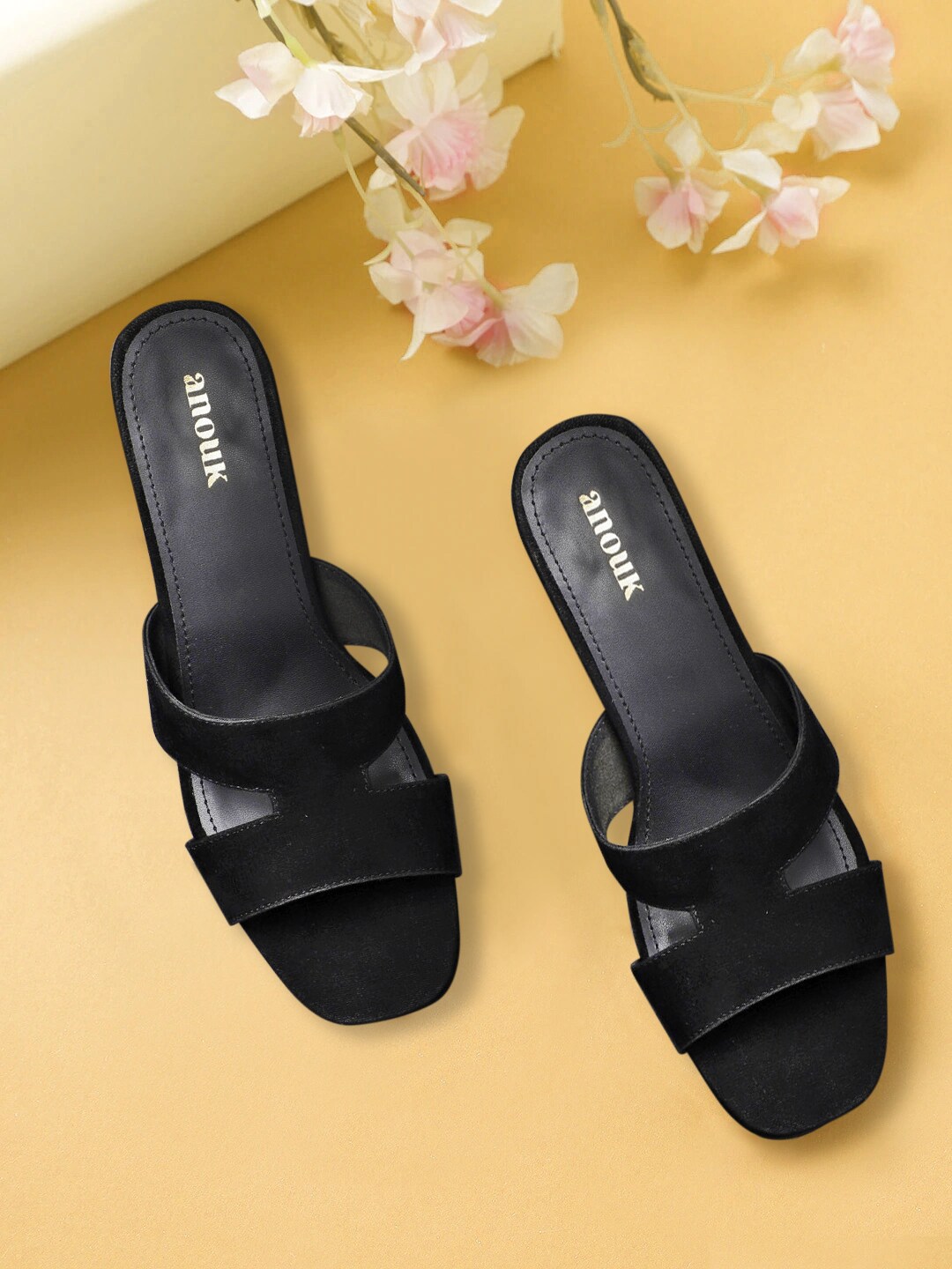 Anouk Women Black Solid Suede Heeled Sandals Price in India