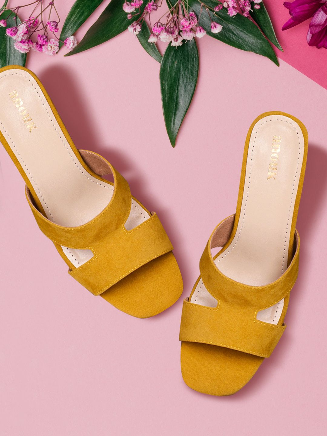 Anouk Women Yellow Solid Suede Heeled Sandals Price in India