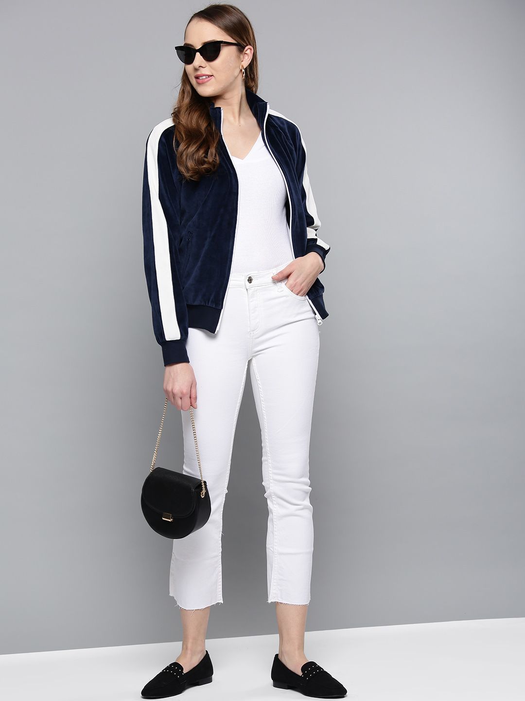 Harpa Women Navy Blue Solid Bomber Jacket Price in India