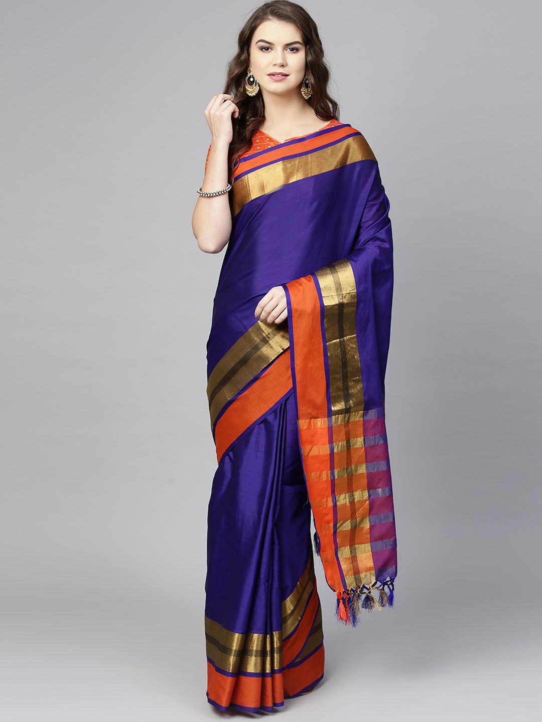 Saree mall Navy Blue & Orange Solid Saree Price in India