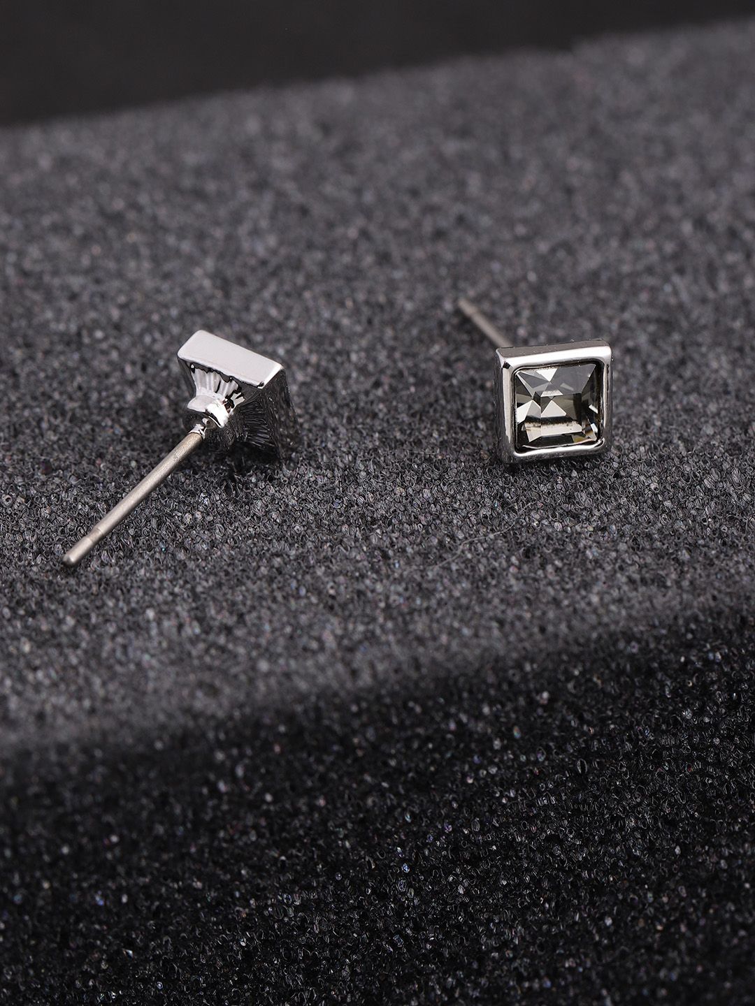 Carlton London Silver-Toned & Charcoal Grey Stone Studded Square Studs Price in India