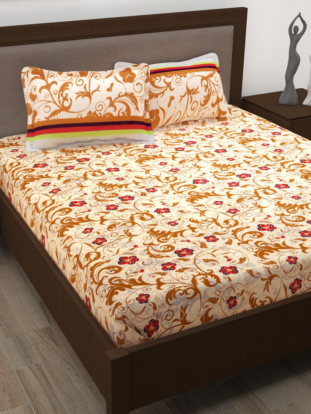 Story@home Brown Floral Flat 186TC Cotton 1 Double Bedsheet with 2 Pillow Covers Price in India