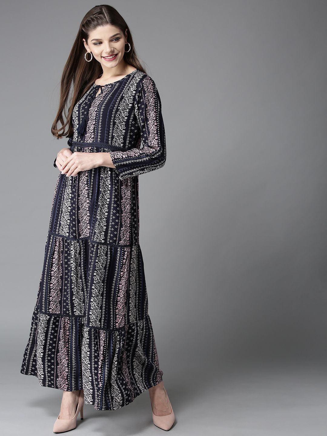 HERE&NOW Women Navy Blue Printed Tiered Maxi Dress