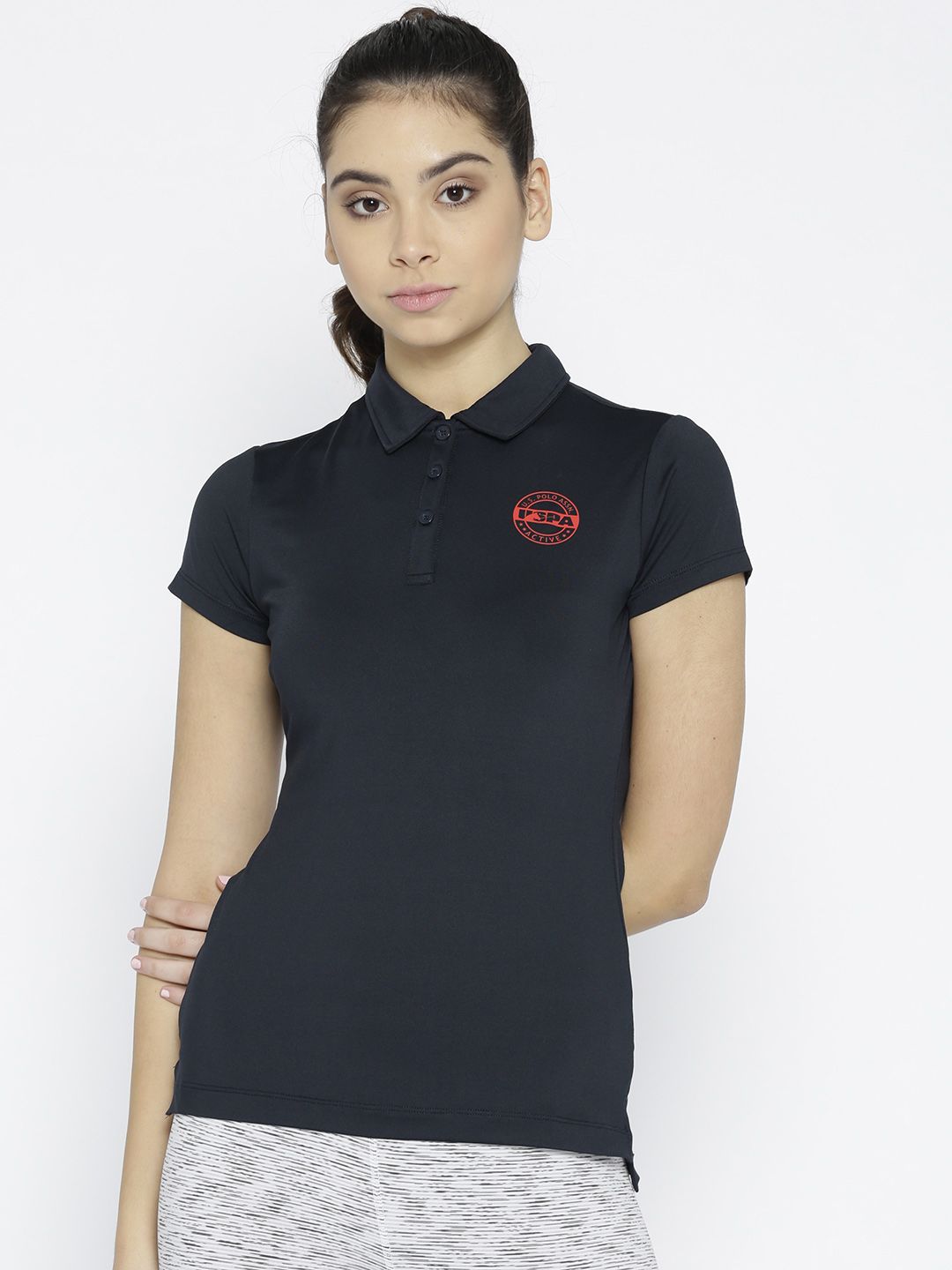 U.S. Polo Assn. Women Navy Blue Solid Polo Collar T-shirt Price in India