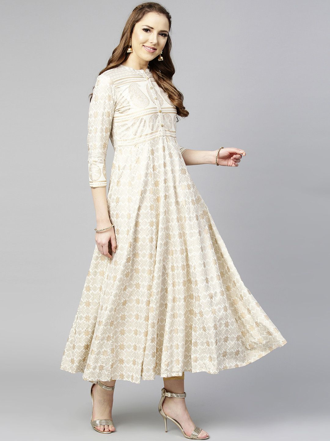Varanga Women Off-White & Golden Printed Anarkali Kurta