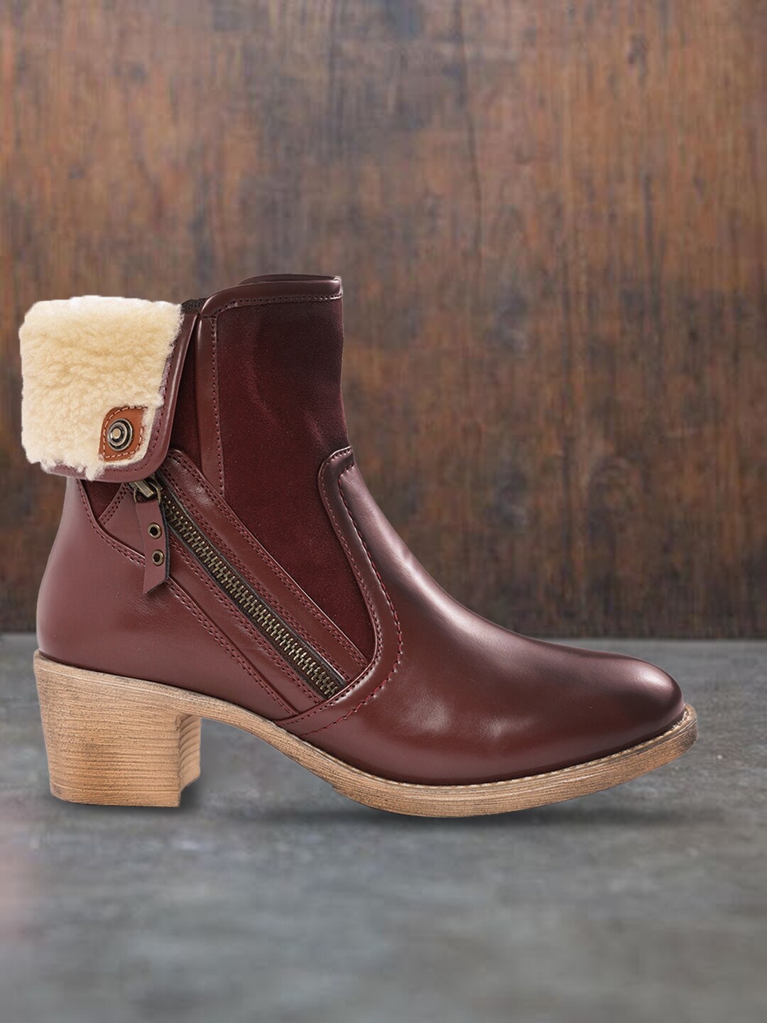 Roadster Women Burgundy & Beige Solid Mid-Top Heeled Boots with Faux Fur Detail Price in India