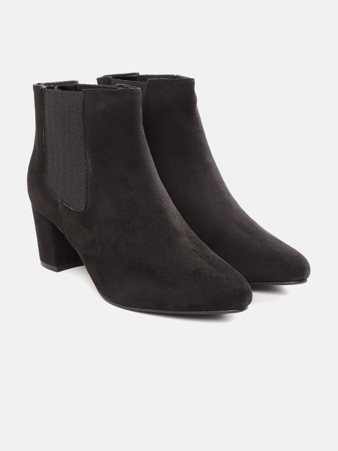 DressBerry Women Black Solid Mid-Top Block Heeled Chelsea Boots with Suede Finish Price in India