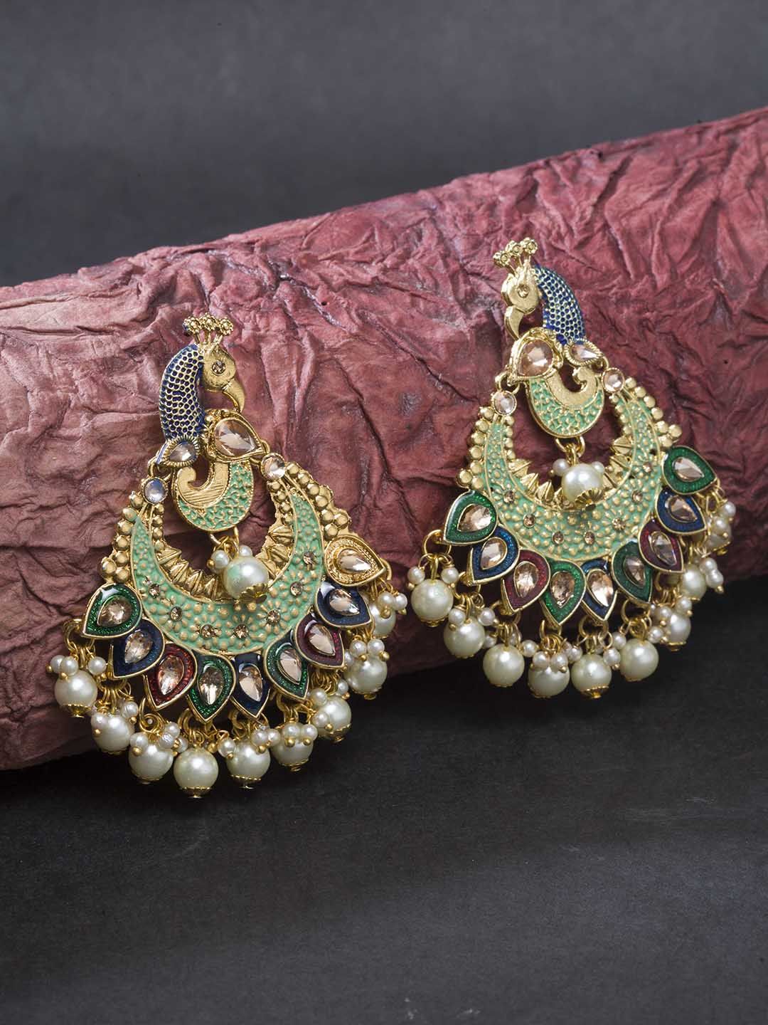 Priyaasi Green & Red Gold-Plated Kundan-Studded Meenakari Peacock Shaped Chandbalis Price in India
